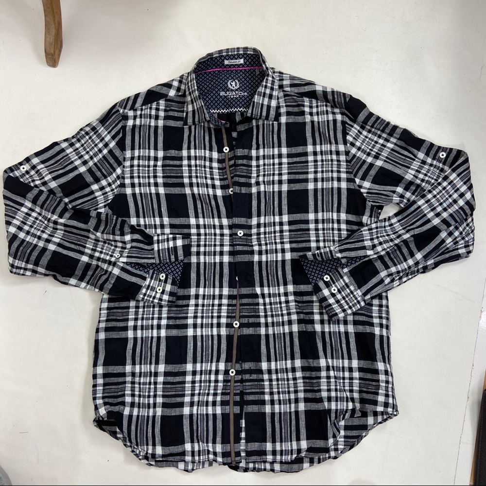 Bugatchi Uomo Blk & white plaid linen button down